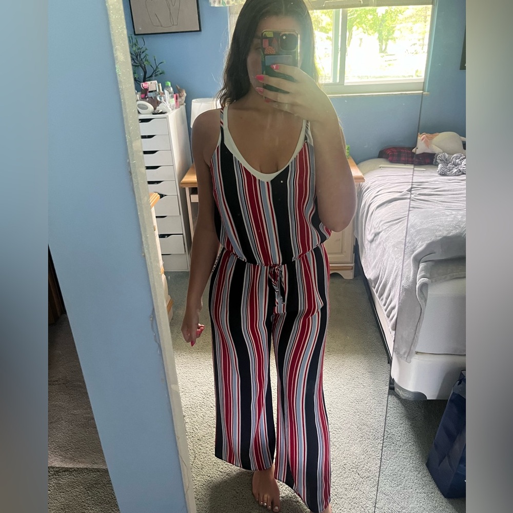 Lightweight, red, white, and blue jumpsuit